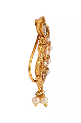 Elegant Non-Piercing Maharashtrian Ethnic Peacock Design White Pearl Nath