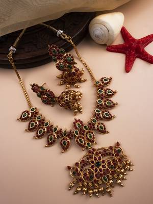 Gold plated ruby green mango patti necklace set 1