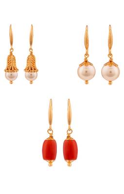 Golden earrings - 3 sets Swarovski pearl and coral one gram gold 6