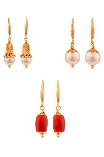 Golden earrings - 3 sets Swarovski pearl and coral one gram gold