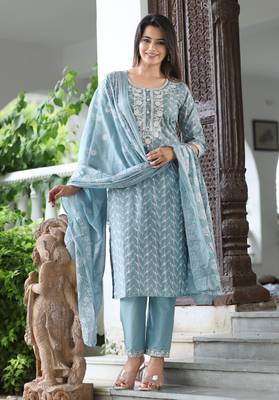 Teal cotton  embriodery  work straight kurti pant dupatta set 1