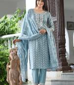 Teal cotton  embriodery  work straight kurti pant dupatta set