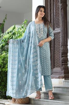 Teal cotton  embriodery  work straight kurti pant dupatta set 2