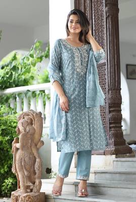 Teal cotton  embriodery  work straight kurti pant dupatta set 3