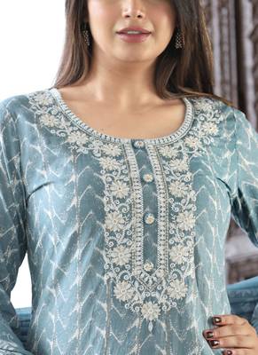 Teal cotton  embriodery  work straight kurti pant dupatta set 4