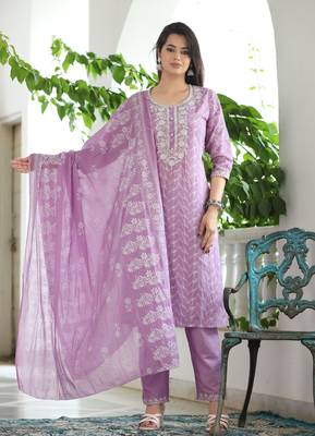 Lavender cotton  embriodery  work straight kurti pant dupatta set 1