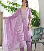 Lavender cotton  embriodery  work straight kurti pant dupatta set