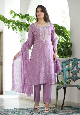 Lavender cotton  embriodery  work straight kurti pant dupatta set 2