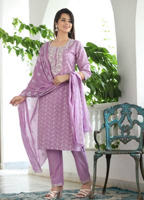 Lavender cotton  embriodery  work straight kurti pant dupatta set 3