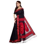 Aishani Collection Woven Mercerise Pure Cotton Baluchari Organic handloom Saree with bp (Black, Red) 