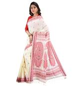 Aishani Collection Woven Mercerise Pure Cotton Organic Baluchari handloom Saree with bp ( White, Red) 