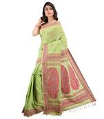 Aishani Collection Woven Mercerise Pure Cotton Organic Baluchari handloom Saree with bp (Light Green, Pink) 