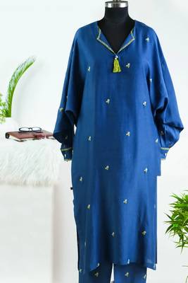 Stitched Prussian Blue Linen A-Line Kurta Set with Hand-Embroidered Flower Motifs 1