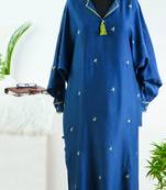 Stitched Prussian Blue Linen A-Line Kurta Set with Hand-Embroidered Flower Motifs