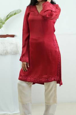 Stitched Red Modal Satin Kurta Set with Kashida Embroidery and Ivory Pants 1