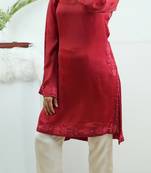 Stitched Red Modal Satin Kurta Set with Kashida Embroidery and Ivory Pants