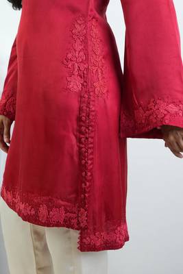 Stitched Red Modal Satin Kurta Set with Kashida Embroidery and Ivory Pants 3