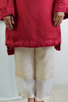 Stitched Red Modal Satin Kurta Set with Kashida Embroidery and Ivory Pants 4