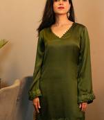 Stitched Olive Green Modal Satin Kurta Set with Kashida Embroidery and Ivory Pants