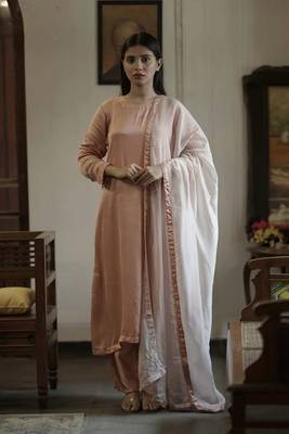 Stitched Peach Modal Satin Kurta Set with Kashida Work and Organza Dupatta 1