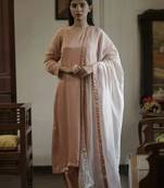 Stitched Peach Modal Satin Kurta Set with Kashida Work and Organza Dupatta