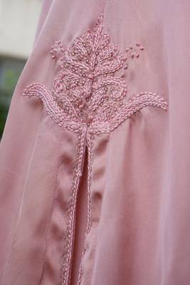 Stitched Peach Modal Satin Kurta Set with Kashida Work and Organza Dupatta 2