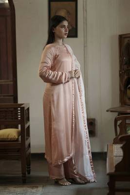 Stitched Peach Modal Satin Kurta Set with Kashida Work and Organza Dupatta 4