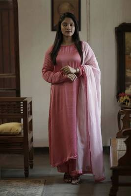 Stitched Pink Modal Satin Kurta Set with Kashida Work and Organza Dupatta 1