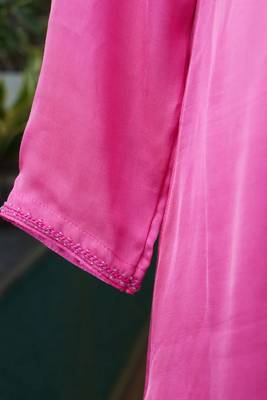 Stitched Pink Modal Satin Kurta Set with Kashida Work and Organza Dupatta 3