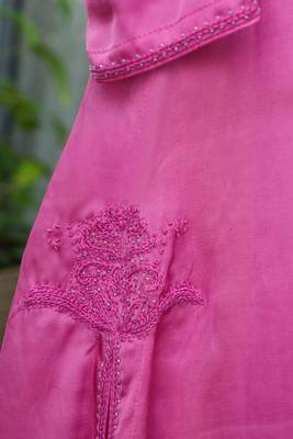 Stitched Pink Modal Satin Kurta Set with Kashida Work and Organza Dupatta 4