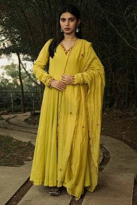 Stitched Dark Yellow Mul Cotton Anarkali Ensemble with Hand-Embroidered Details 1