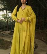 Stitched Dark Yellow Mul Cotton Anarkali Ensemble with Hand-Embroidered Details
