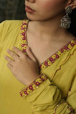 Stitched Dark Yellow Mul Cotton Anarkali Ensemble with Hand-Embroidered Details 3