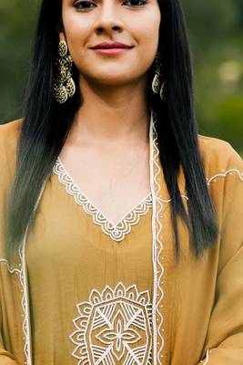 Stitched Mustard Yellow Embroidered Three-Piece Suit Set in Italian Cotton 1