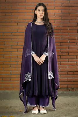 Stitched Violet Purple Aari Embroidered Three-Piece Anarkali Suit Set 1