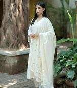 Stitched Off White Soft Linen Kurta Set with Bell Sleeves and Embroidered Mul Dupatta
