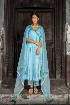Stitched Powder Blue Minimalist Embroidered Three-Piece Anarkali Suit Set 1
