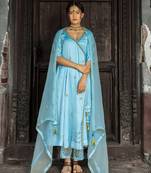Stitched Powder Blue Minimalist Embroidered Three-Piece Anarkali Suit Set