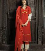 Stitched Royal Red Ivory Three-Piece Suit Set with Geometric Hand Embroidery