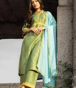 Stitched Sage Green Geometric Embroidered Three-Piece Suit Set in Raw Silk – Knee-Length Kurta