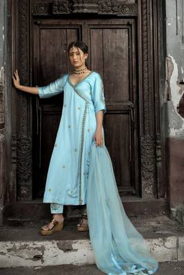 Stitched Powder Blue Minimalist Embroidered Three-Piece Anarkali Suit Set 4