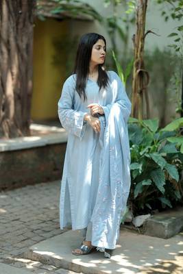 Stitched Pastel Blue Soft Linen Kurta Set with Bell Sleeves and Embroidered Mul Dupatta 1