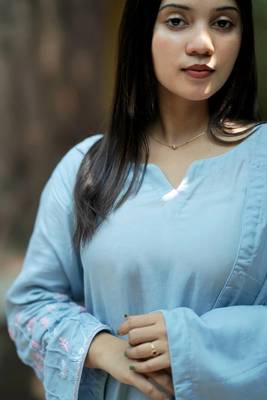 Stitched Pastel Blue Soft Linen Kurta Set with Bell Sleeves and Embroidered Mul Dupatta 3