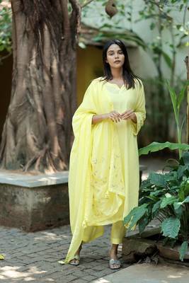 Stitched Canary Yellow Soft Linen Kurta Set with Bell Sleeves and Embroidered Mul Dupatta 1