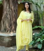 Stitched Canary Yellow Soft Linen Kurta Set with Bell Sleeves and Embroidered Mul Dupatta