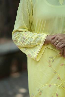 Stitched Canary Yellow Soft Linen Kurta Set with Bell Sleeves and Embroidered Mul Dupatta 3