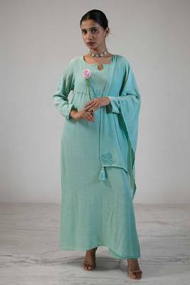 Stitched Mint Green Kurta Set in Premium Linen Crepe with Hand Embroidery and Matching Dupatta 1