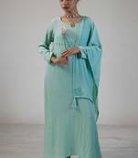 Stitched Mint Green Kurta Set in Premium Linen Crepe with Hand Embroidery and Matching Dupatta