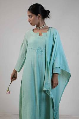 Stitched Mint Green Kurta Set in Premium Linen Crepe with Hand Embroidery and Matching Dupatta 3