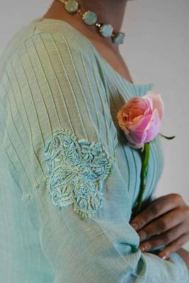Stitched Mint Green Kurta Set in Premium Linen Crepe with Hand Embroidery and Matching Dupatta 4